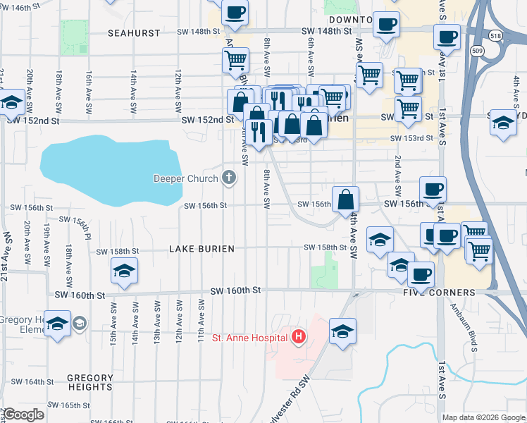 map of restaurants, bars, coffee shops, grocery stores, and more near 15608 8th Avenue Southwest in Burien