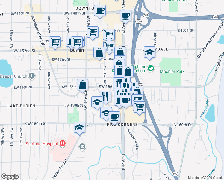 map of restaurants, bars, coffee shops, grocery stores, and more near 131 Southwest 156th Street in Burien