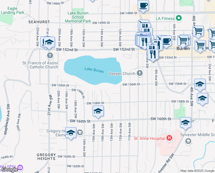map of restaurants, bars, coffee shops, grocery stores, and more near 15702 13th Avenue Southwest in Burien