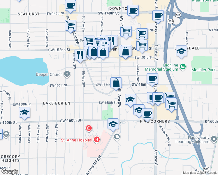 map of restaurants, bars, coffee shops, grocery stores, and more near 445 Southwest 156th Street in Burien