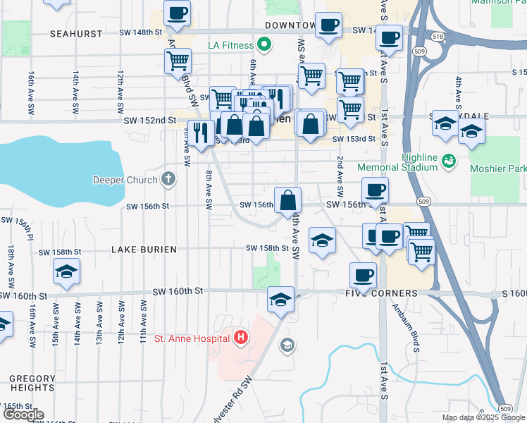 map of restaurants, bars, coffee shops, grocery stores, and more near 445 Southwest 156th Street in Burien