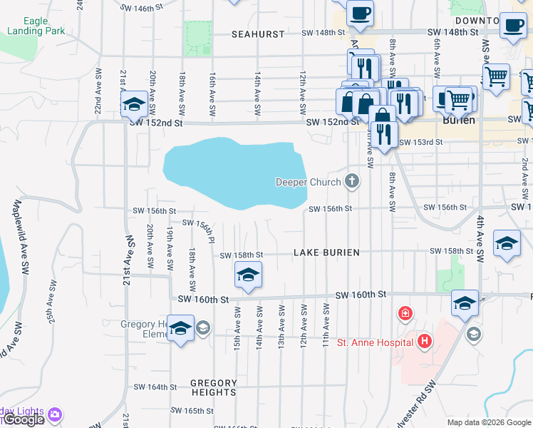 map of restaurants, bars, coffee shops, grocery stores, and more near 15702 13th Avenue Southwest in Burien