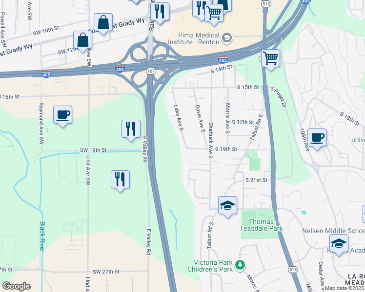 map of restaurants, bars, coffee shops, grocery stores, and more near 1819 Lake Avenue South in Renton