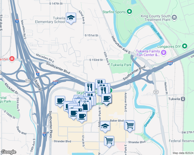 map of restaurants, bars, coffee shops, grocery stores, and more near 6200 Southcenter Boulevard in Tukwila