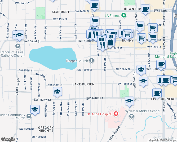 map of restaurants, bars, coffee shops, grocery stores, and more near 15603 10th Avenue Southwest in Burien