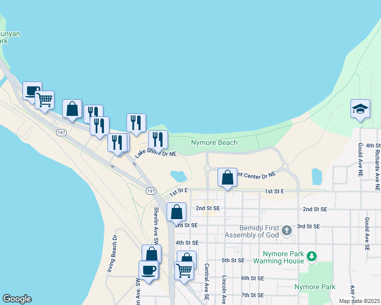 map of restaurants, bars, coffee shops, grocery stores, and more near 415 Lake Shore Drive Northeast in Bemidji