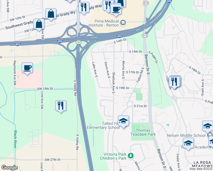 map of restaurants, bars, coffee shops, grocery stores, and more near 320 South 19th Street in Renton