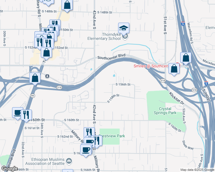 map of restaurants, bars, coffee shops, grocery stores, and more near 15605 44th Avenue South in Tukwila