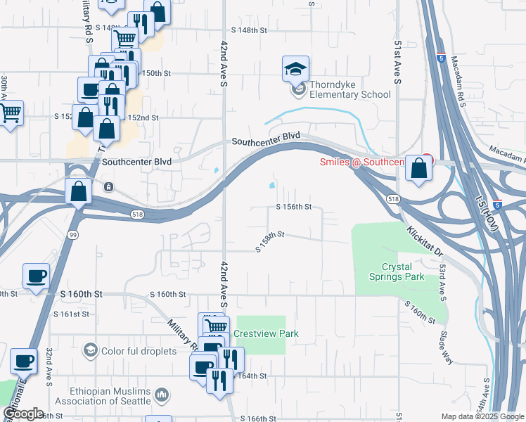 map of restaurants, bars, coffee shops, grocery stores, and more near 15604 44th Avenue South in Tukwila