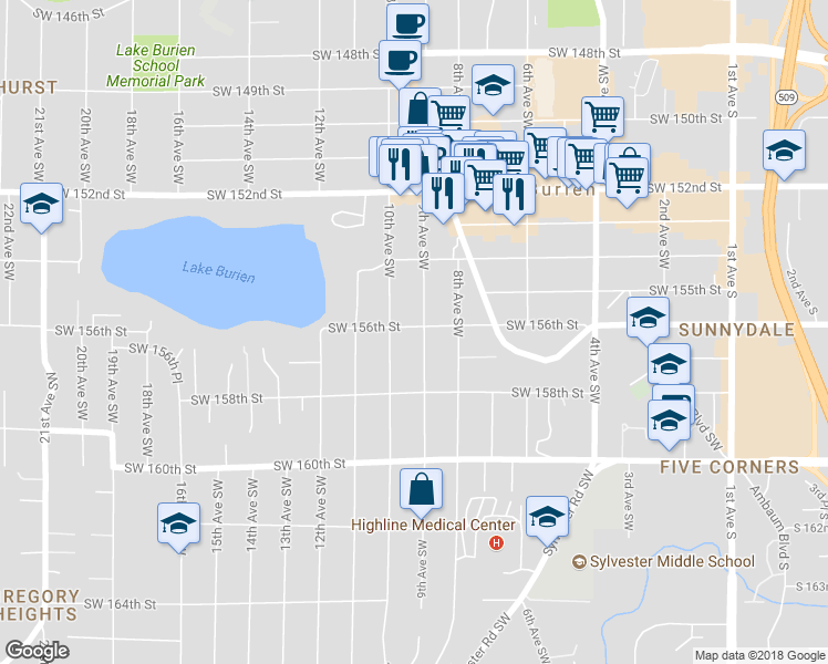 map of restaurants, bars, coffee shops, grocery stores, and more near 15605 9th Avenue Southwest in Burien