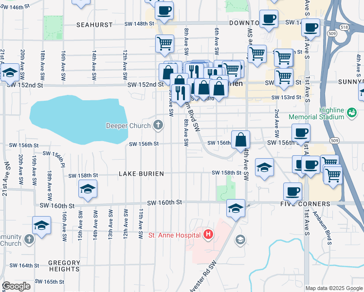 map of restaurants, bars, coffee shops, grocery stores, and more near 15608 8th Avenue Southwest in Burien