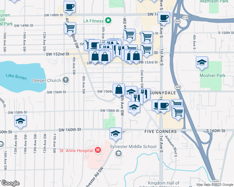 map of restaurants, bars, coffee shops, grocery stores, and more near 415 Southwest 156th Street in Burien