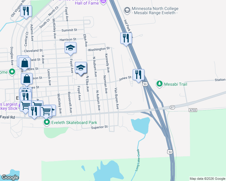 map of restaurants, bars, coffee shops, grocery stores, and more near 301 North Van Buren Avenue in Eveleth