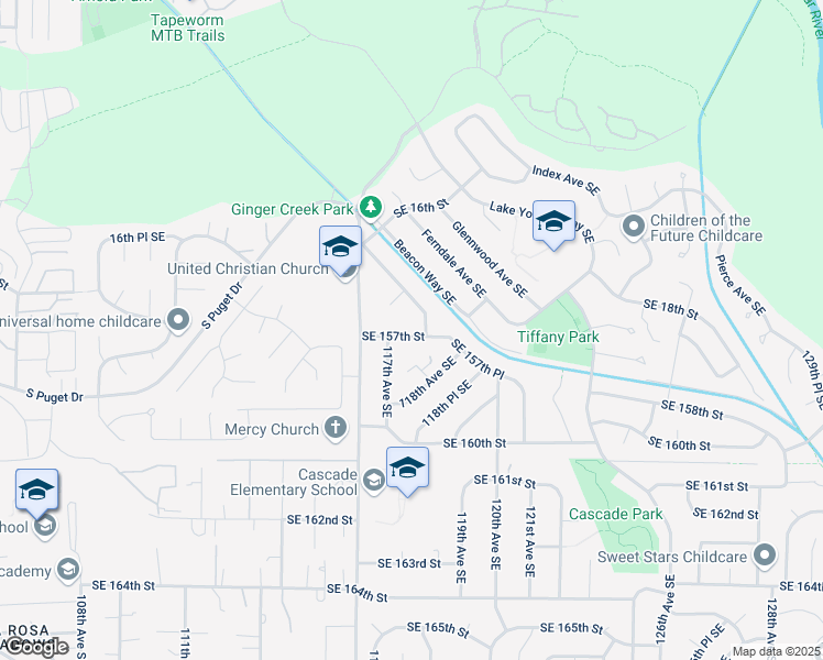 map of restaurants, bars, coffee shops, grocery stores, and more near 11722 Southeast 157th Street in Renton