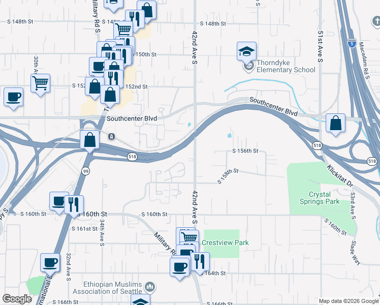 map of restaurants, bars, coffee shops, grocery stores, and more near 15603 42nd Avenue South in Tukwila