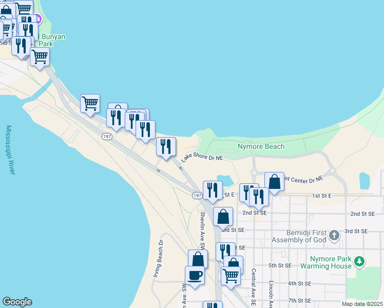 map of restaurants, bars, coffee shops, grocery stores, and more near 115 Lake Shore Drive Northeast in Bemidji