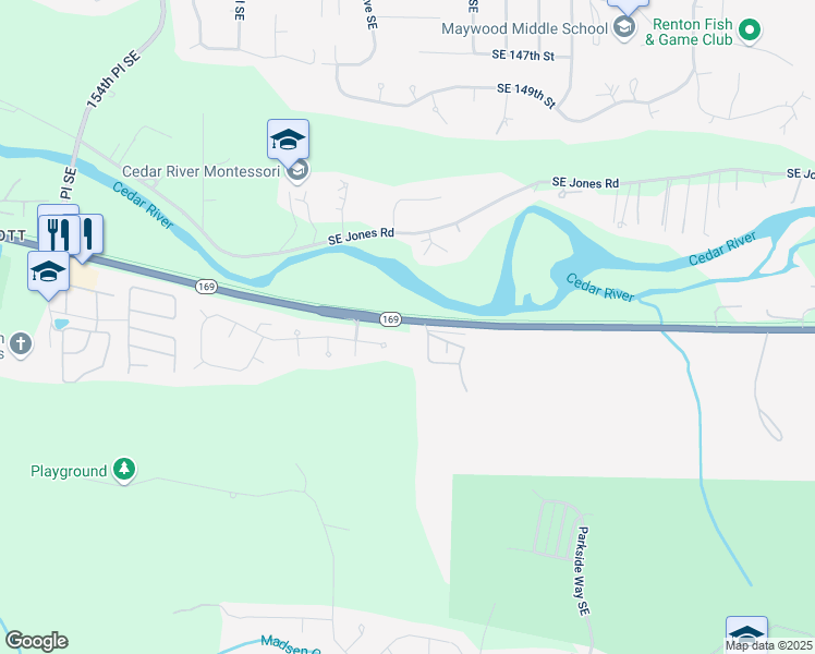 map of restaurants, bars, coffee shops, grocery stores, and more near 16136 Southeast 156th Street in Renton