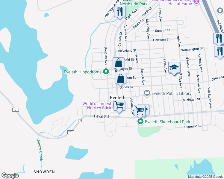 map of restaurants, bars, coffee shops, grocery stores, and more near 310 Jones Street in Eveleth