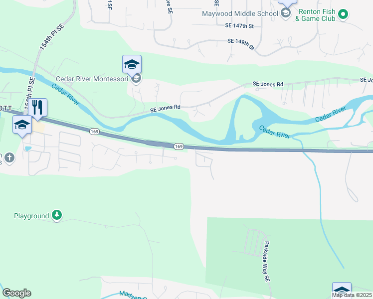 map of restaurants, bars, coffee shops, grocery stores, and more near 16136 Southeast 156th Street in Renton