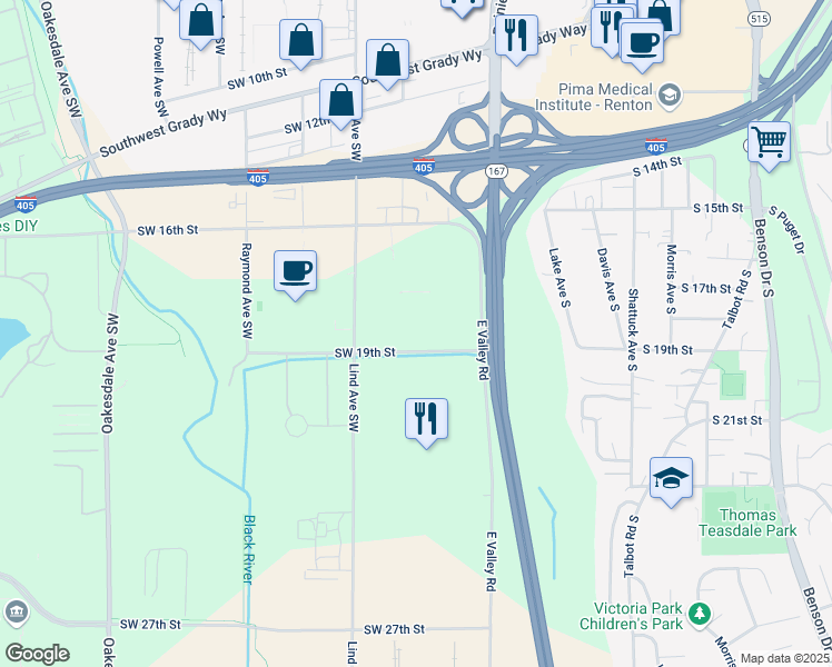 map of restaurants, bars, coffee shops, grocery stores, and more near 200 Southwest 19th Street in Renton