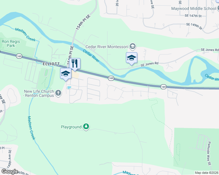 map of restaurants, bars, coffee shops, grocery stores, and more near 15620 156th Place Southeast in Renton