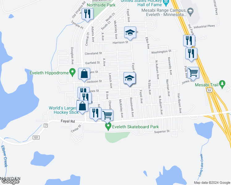 map of restaurants, bars, coffee shops, grocery stores, and more near 301 McKinley Avenue in Eveleth
