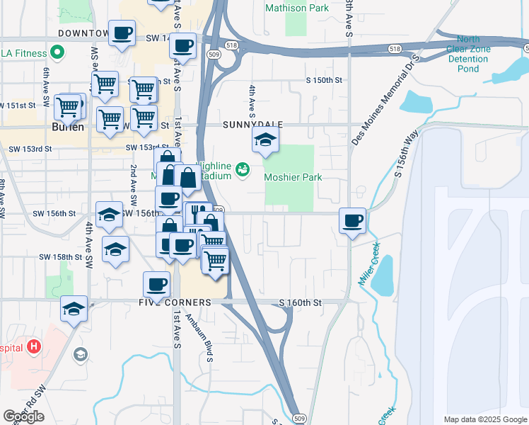 map of restaurants, bars, coffee shops, grocery stores, and more near 400 South 156th Street in Burien