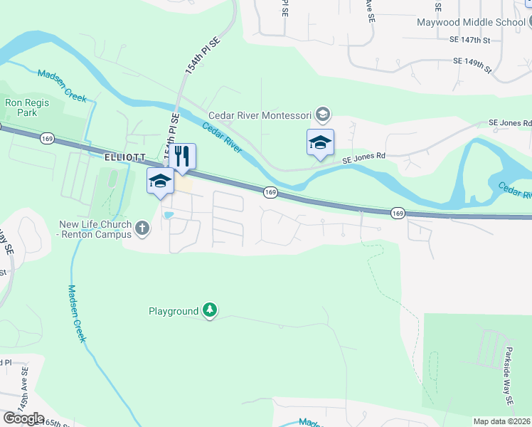 map of restaurants, bars, coffee shops, grocery stores, and more near 15620 156th Place Southeast in Renton