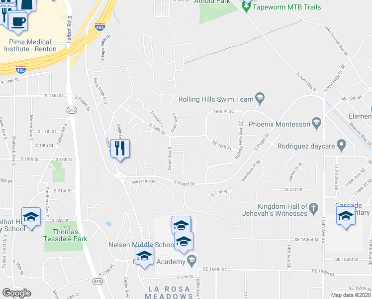 map of restaurants, bars, coffee shops, grocery stores, and more near 2020 Grant Avenue South in Renton