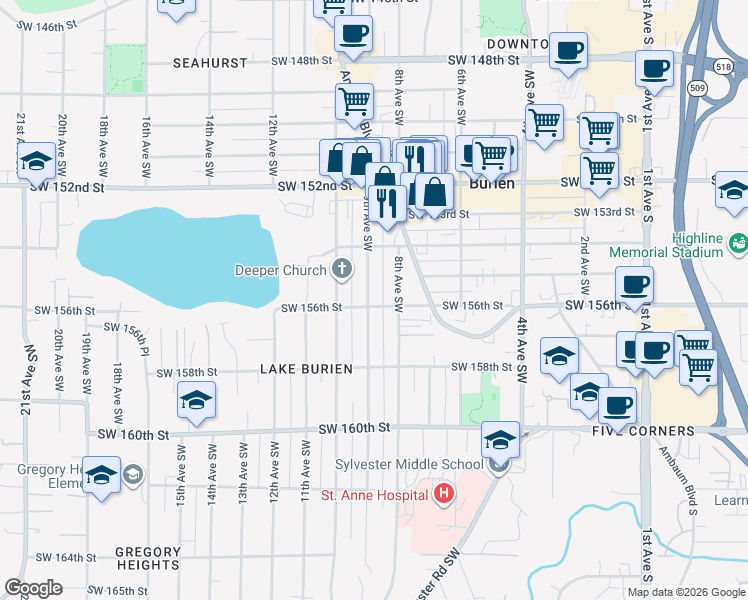 map of restaurants, bars, coffee shops, grocery stores, and more near 818 Southwest 156th Street in Burien