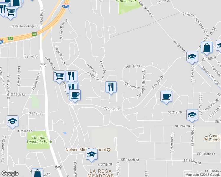 map of restaurants, bars, coffee shops, grocery stores, and more near 1850 Grant Avenue South in Renton