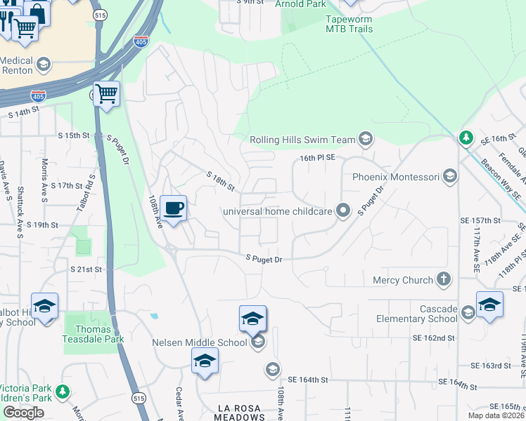 map of restaurants, bars, coffee shops, grocery stores, and more near 2020 Grant Avenue South in Renton