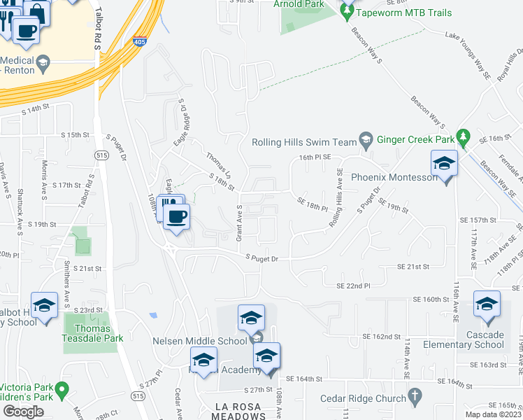 map of restaurants, bars, coffee shops, grocery stores, and more near 1850 Grant Avenue South in Renton