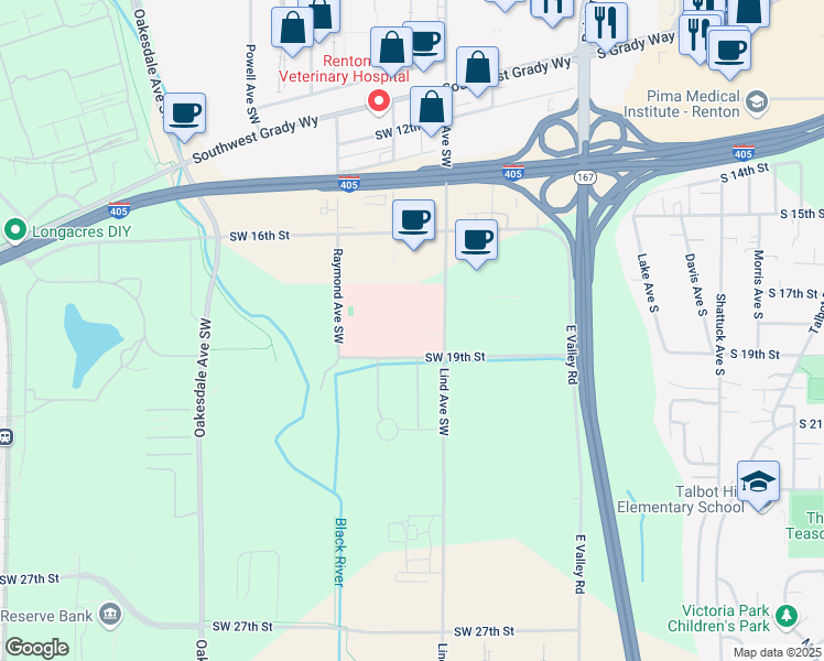map of restaurants, bars, coffee shops, grocery stores, and more near 1801 Lind Avenue Southwest in Renton