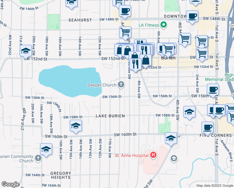 map of restaurants, bars, coffee shops, grocery stores, and more near 15603 10th Avenue Southwest in Burien