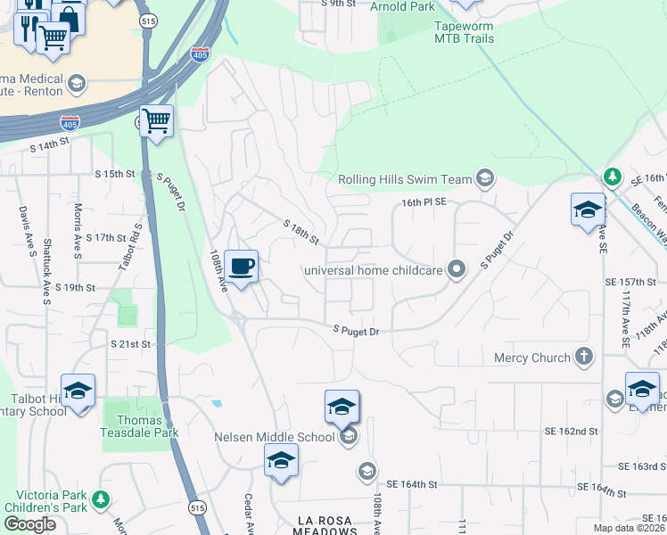 map of restaurants, bars, coffee shops, grocery stores, and more near 1817 Grant Avenue South in Renton