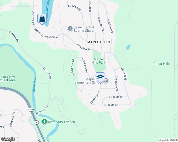 map of restaurants, bars, coffee shops, grocery stores, and more near 15451 203rd Avenue Southeast in Renton