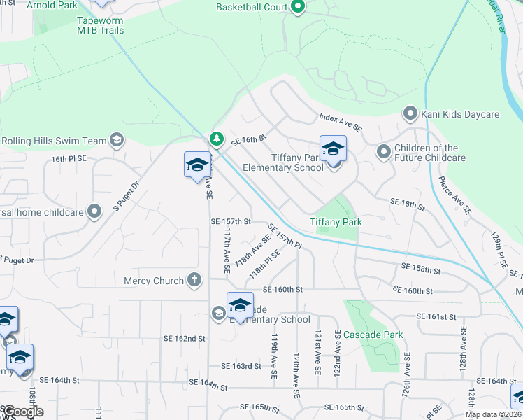 map of restaurants, bars, coffee shops, grocery stores, and more near 11817 Southeast 157th Place in Renton