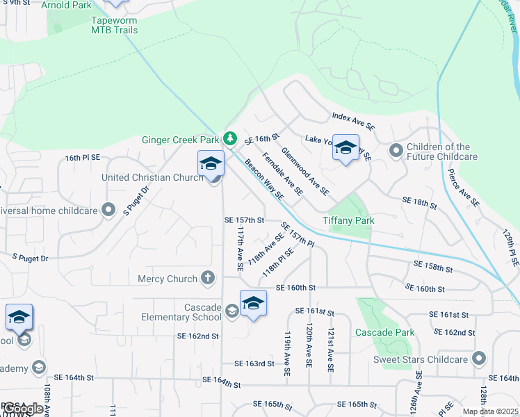 map of restaurants, bars, coffee shops, grocery stores, and more near 11722 Southeast 157th Street in Renton