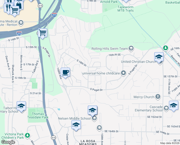 map of restaurants, bars, coffee shops, grocery stores, and more near 1817 Grant Avenue South in Renton