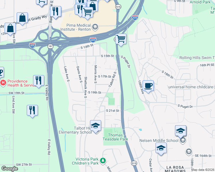map of restaurants, bars, coffee shops, grocery stores, and more near 526 South 19th Street in Renton