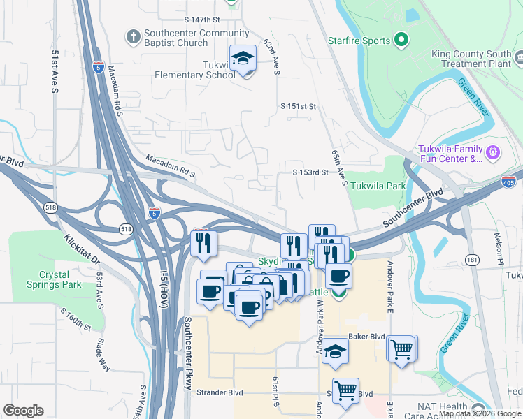 map of restaurants, bars, coffee shops, grocery stores, and more near 6000 Southcenter Boulevard in Tukwila