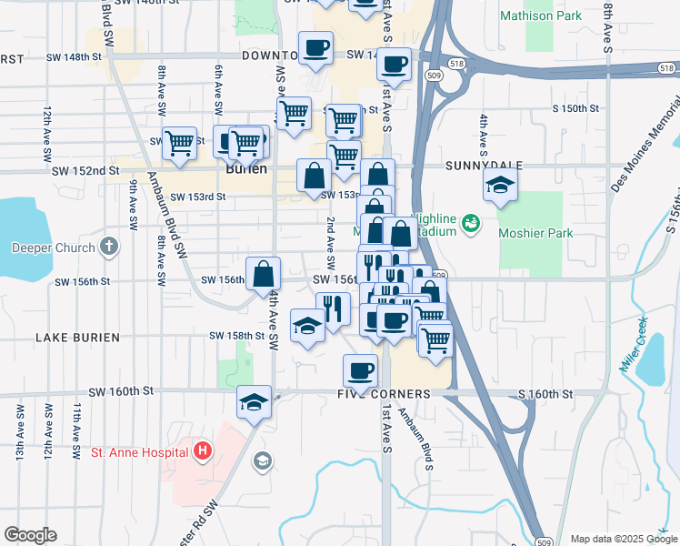 map of restaurants, bars, coffee shops, grocery stores, and more near 131 Southwest 156th Street in Burien