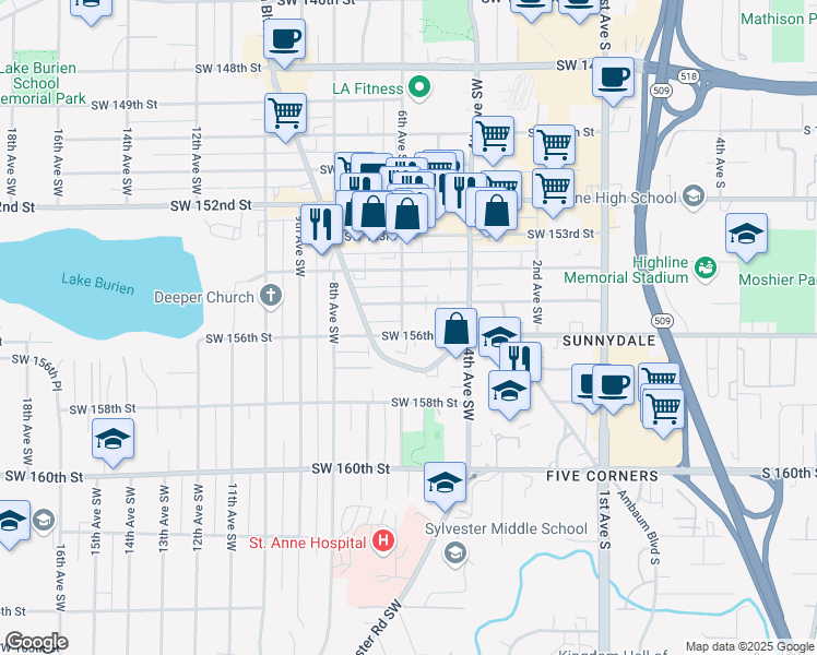 map of restaurants, bars, coffee shops, grocery stores, and more near 445 Southwest 156th Street in Burien