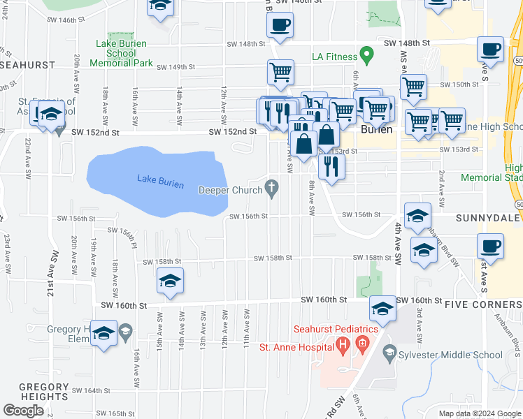 map of restaurants, bars, coffee shops, grocery stores, and more near 15603 10th Avenue Southwest in Burien