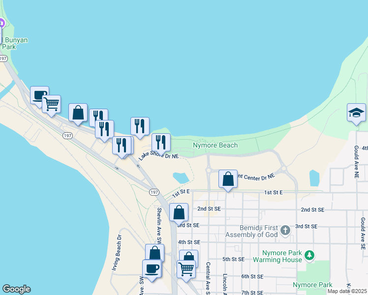 map of restaurants, bars, coffee shops, grocery stores, and more near 415 Lake Shore Drive Northeast in Bemidji