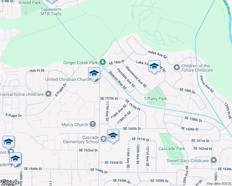 map of restaurants, bars, coffee shops, grocery stores, and more near 11722 Southeast 157th Street in Renton
