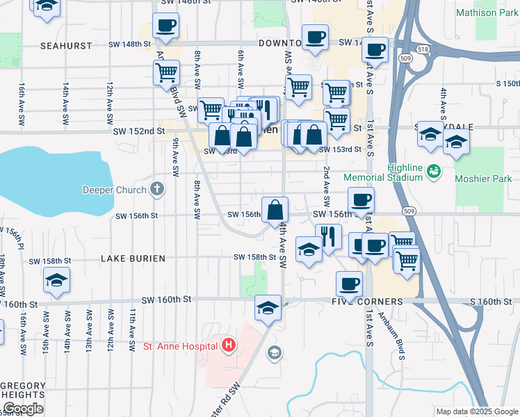 map of restaurants, bars, coffee shops, grocery stores, and more near 430 Southwest 156th Street in Burien