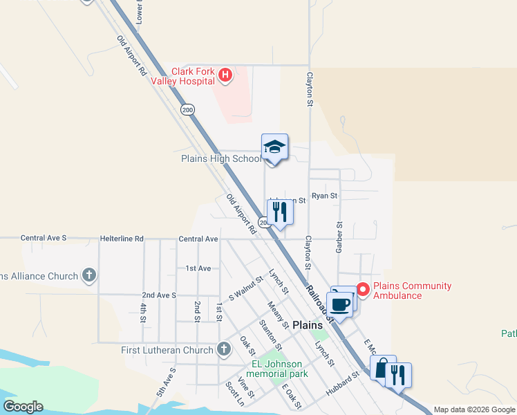 map of restaurants, bars, coffee shops, grocery stores, and more near 193 State Highway 200 in Plains