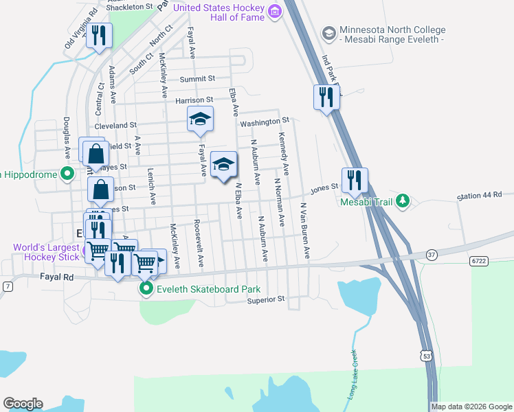 map of restaurants, bars, coffee shops, grocery stores, and more near 208 North Auburn Avenue in Eveleth